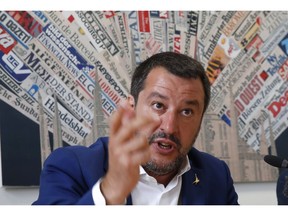 Italian Interior Minister and Deputy-Premier, Matteo Salvini, attends a press conference at the foreign press association in Milan, Italy, Friday, May 17, 2019.