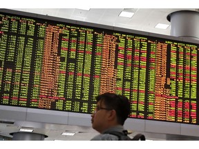 Visitors stand in front of private stock trading boards at a private stock market gallery in Kuala Lumpur, Malaysia, Wednesday, May 8, 2019. The Dow Jones Industrial Average tumbled more than 470 points Tuesday amid a broad sell-off on Wall Street.