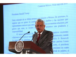 Mexico's President Andrés Manuel López Obrador says Mexico will not respond to U.S. President Donald Trump's threat of coercive tariffs with desperation, but instead push for dialogue, during a press conference at the National Palace, in Mexico City, Friday, May 31, 2019.