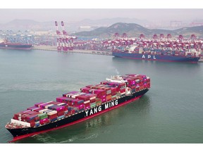 A container ship sails off the dockyard in Qingdao in eastern China's Shandong province Wednesday, May 8, 2019. China's exports fell unexpectedly in April, adding to pressure on Beijing ahead of negotiations on ending a tariff war with Washington over Chinese technology ambitions. (Chinatopix Via AP)