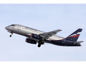 In this photo taken on Tuesday, April 30, 2019, the Sukhoi SSJ-100 aircraft of Aeroflot Airlines that made an emergency landing on Sunday, May 5, 2019 in Moscow's Sheremetyevo airport, takes off from the Siberian city of Tyumen, Russia. Russia's flagship airline Aeroflot says the plane that caught fire at Moscow's Sheremetyevo Airport, killing at least one person, had been forced to turn back after taking off for the city of Murmansk because of technical reasons.