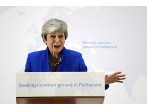 Britain's Prime Minister Theresa May delivers a speech in London, Tuesday, May 21, 2019. The British government is discussing how to tweak its proposed European Union divorce terms in a last-ditch attempt to get Parliament's backing for Prime Minister Theresa May's deal with the bloc.