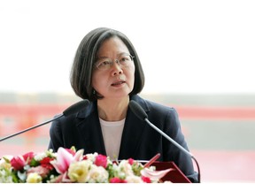 Taiwan's President Tsai Ing-wen delivers a speech during a groundbreaking ceremony for the island's naval submarine factory in Kaohsiung, southern Taiwan, Thursday, May 9, 2019.