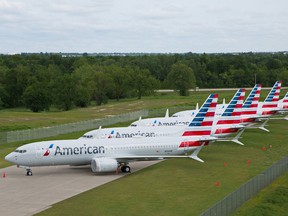 American Airlines' Boeing 737 MAX jets sit parked at a facility in Tulsa, Okla.
