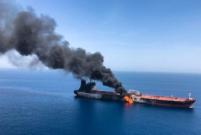 An oil tanker is seen after it was attacked at the Gulf of Oman, in waters between Gulf Arab states and Iran, June 13, 2019.