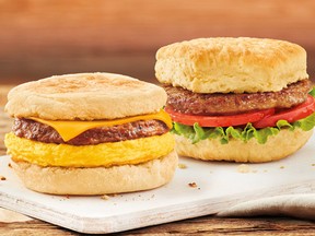 Two of the Beyond Sausage sandwiches being offered by Tim Hortons restaurants.