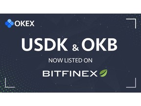 OKEx Native Token OKB and OKLink Stablecoin USDK Listed on Bitfinex