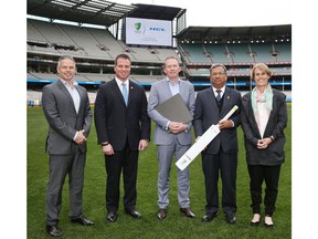 HCL Technologies and Cricket Australia exchanging mementos to announce digital partnership. Standing left to right: Brad Hodge, former Australian international cricketer, & current cricket coach; Arthur Fillip, Executive Vice President - Sales Transformation & Marketing; Kevin Roberts, CEO, Cricket Australia; Swapan Johri, Corporate Vice President & Head - Asia/Pacific & Middle East Business; Belinda Clarke, Executive General Manager, Community Cricket & former captain of the Australian Women's Cricket Team