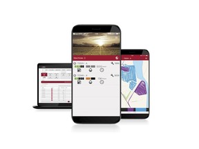 (left to right) fleet statistic overview, alarm and maintenance notification by machine, real-time machine tracking of fuel level, DEF level, engine hours, and machine path over time