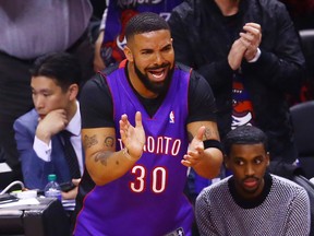 Drake reacts during Game One of the 2019 NBA Finals between the Golden State Warriors and the Toronto Raptors at Scotiabank Arena.