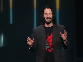 Actor Keanu Reeves speaks about "Cyberpunk 2077" from developer CD Projekt Red during the Xbox E3 2019 Briefing at The Microsoft Theater on June 09, 2019 in Los Angeles, California.