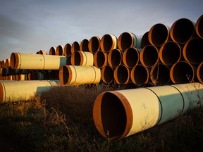 Miles of unused pipe, prepared for the proposed Keystone XL pipeline, sit in a lot  outside Gascoyne, North Dakota.