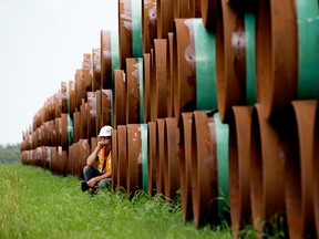 Stockpiled pipe in Alberta for Enbridge's Line 3 project.