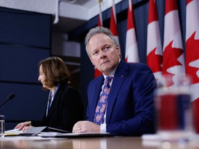 Stephen Poloz, governor of the Bank of Canada, right, and Carolyn Wilkins, senior deputy governor at the Bank of Canada, hold a press conference in Ottawa, Ontario, Canada, on Wednesday, April 24, 2019.
