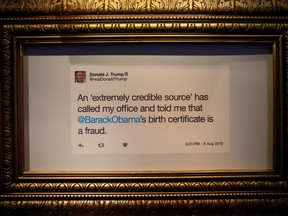 A tweet from U.S. President Donald Trump is seen During the opening of the "Donald J. Trump Presidential Twitter Library," a comedic installation showcasing Trump's Twitter history, in downtown Washington D.C., U.S. June 14, 2019.