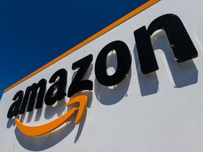 The Amazon logo on a distribution centre in France.