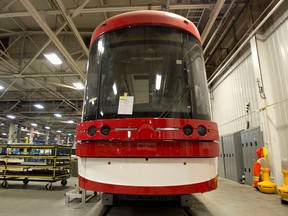 A Toronto streetcar sits under construction at the Bombardier factory in Thunder Bay.