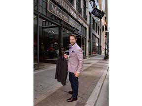 Canadian actor and director Jason Priestley, known for his role in hit TV series Beverly Hills 90210 and Private Eyes, donates a suit to the 10th Annual Moores Suit Drive at the retailer's flagship store in Toronto. Helping people in need get their careers back on track, the clothing drive runs nationally until July 31, when consumers can donate gently-used professional attire at Moores stores across the country. Credit: George Pimentel