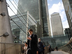 A walkway in the Canary Wharf financial district in London.