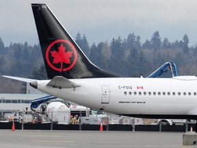 Grounded Air Canada Boeing 737 Max 8 planes sit idle at Vancouver International Airport.