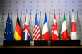 Flags of the European Union, Germany, United-Kingdom, the United States, France, Canada, Italy and Japan during a meeting to prepare the G7 Summit in Biarritz.