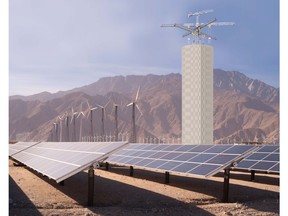 Energy Vault storage tower with PV and wind storage.