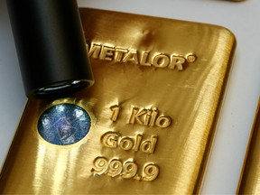 The Sicpa Oasis validator system (bullion protect) is pictured on one kilogram bar of gold at Swiss refiner Metalor in Marin near Neuchatel, Switzerland July 5, 2019.