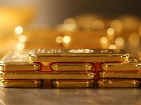 One kilogram fine gold bars sit stacked in the precious metals vault at Pro Aurum KG in Munich, Germany, on Wednesday, July 10, 2019.