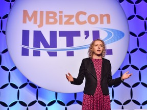 Cassandra Farrington, CEO and co-founder of MJBizDaily, welcomes attendees to MJBizConINTL.