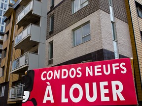 A sign advertising new condos for rent in Montreal.