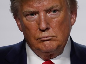 U.S. President Donald Trump attends a joint press conference with French President Emmanuel Macron (not seen) at the end of the G7 summit in Biarritz, France, August 26, 2019.