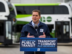 Conservative leader Andrew Scheer announcing a revival of Stephen Harper’s public transit tax credit.