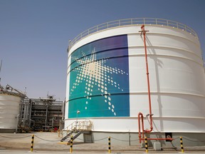 An Aramco oil tank is seen at the Production facility at Saudi Aramco's Shaybah oilfield in the Empty Quarter, Saudi Arabia May 22, 2018.