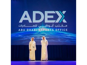 From right to left: HH Sheikh Abdullah bin Zayed Al Nahyan, Minister of Foreign Affairs and International Cooperation and Deputy Chairman of the Board of Directors at Abu Dhabi Fund for Development (ADFD) and His Excellency Mohammed Saif Al Suwaidi, Director General of ADFD, during the official ADEX launch in Abu Dhabi