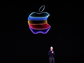 Apple CEO Tim Cook speaks on-stage during a product launch event at Apple's headquarters in Cupertino, California, on September 10, 2019.