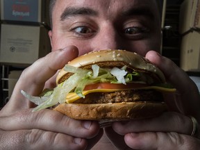 Jeff Anderson, Culinary Innovation Senior Manager at McDonald’s Canada shows the new PLT veggie burger at the companies head offices in Toronto.