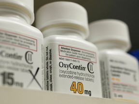 Bottles of prescription painkiller OxyContin made by Purdue Pharma LP sit on a shelf at a local pharmacy in Provo, Utah.