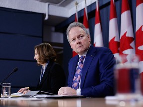 Stephen Poloz, governor of the Bank of Canada, right, and Carolyn Wilkins, senior deputy governor at the Bank of Canada, at a press conference in April.