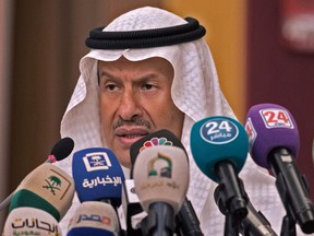 Saudi Arabia's Energy Minister Prince Abdulaziz bin Salman gives a press conference in Jeddah on Tuesday.