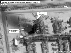 This satellite overview courtesy of the US Government shows damage to oil/gas infrastructure from weekend drone attacks at Khurais oil field on Sept. 15, 2019 in Saudi Arabia.
