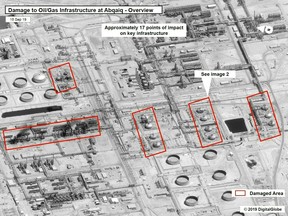 This satellite overview taken Monday from the U.S. government shows damage to oil/gas infrastructure from weekend drone attacks at Abqaig in Saudi Arabia.