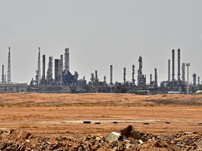 An Aramco oil facility near al-Khurj area, just south of the Saudi capital Riyadh. Saudi Arabia raced today to restart operations at oil plants hit by drone attacks which slashed its production by half.
