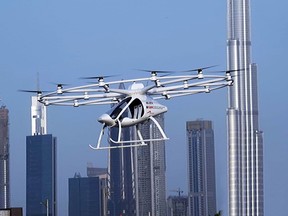 A two-seater "hover taxi" flying in a "concept" flight in Dubai, UAE.
