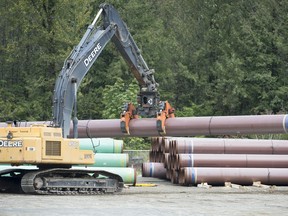 Pipeline pipes are seen at a Trans Mountain facility near Hope, B.C., on August 22, 2019. The Federal Court of Appeal is to reveal today whether a new set of legal challenges to the Trans Mountain pipeline project can proceed. The federal government has twice approved a plan to twin an existing pipeline from Alberta's oilpatch to the B.C. coast.