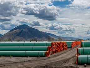 Steel pipe to be used in the construction of the Trans Mountain pipeline expansion in Kamloops, B.C.