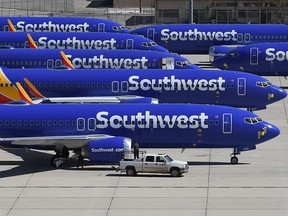 Southwest Airlines Boeing 737 Max aircraft are parked on the tarmac after being grounded in March 2019.