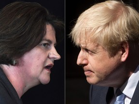 A combination of photos shows Democratic Unionist Party (DUP) leader Arlene Foster and Britain's Prime Minister Boris Johnson. The DUP has so far said it won’t support the new Brexit deal as it stands.