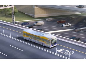 Rendering courtesy of AECOM. Depiction of full-sized, full-speed bus in a live service environment.