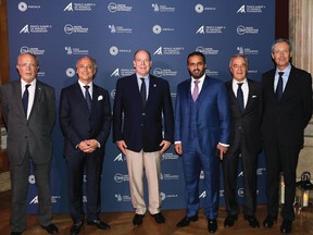 H.E. Mr. Bernard Fautrier (Vice President, CEO, The Prince Albert II of Monaco Foundation), Mr. Nicholas Naples (CEO, AMAALA Company), HSH Prince Albert II of Monaco, Mr. Turki Al Sudairi (Board Member, AMAALA Company), Pr. Patrick Rampal (President of The Centre Scientifique de Monaco), Mr. Robert Calcagno (CEO, The Oceanographic Institute) sign partnership agreement in Monte Carlo (pictured from L-R)