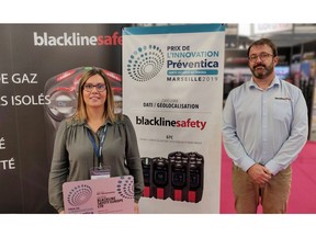 Aude Petit and José Leveque from Blackline Safety accept the Préventica Prize for Innovation in Marseille, France